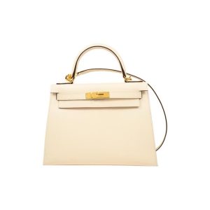 HERMES Kelly 28 Gold Buckle Epsom Leather Kelly Bag Shoulder Crossbody Handbag Women's I2 Nata Cream White