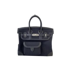 [Scarce Limited Edition] HERMES Birkin 25 Silver Buckle Vintage Cargo Canvas and Swift Leather Birkin Handbag Unisex Noir Black