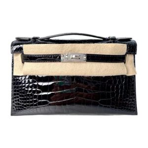 HERMES Kelly Generation Silver Buckle Crocodile Leather Kelly Bag Handbag Mini Women's Noir Black