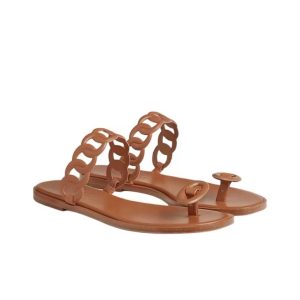 HERMES Ios Leather Slip-On Flip Flops Women's Brown