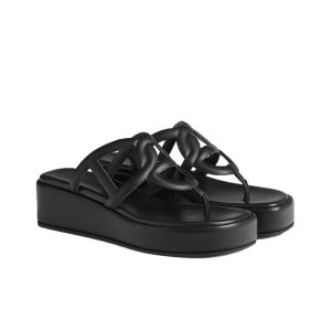 HERMES Leather Herringbone Thick Sole Fashion Sandals Women's Black