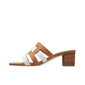 HERMES Amica Calfskin Lightweight and Comfortable Fashion Sandals for Women Brown and White