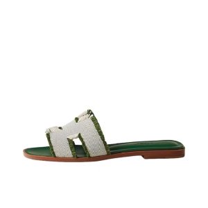 HERMES Hermes Oran canvas flat bottom fashion sandals for women green