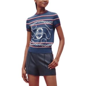 HERMES SS23 Striped Crew Neck Pullover Short Sleeve T-Shirt Women's Kingsbury Blue