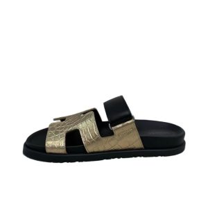 HERMES Hermes Cowhide Round Toe Open Toe Slippers Women's Gold