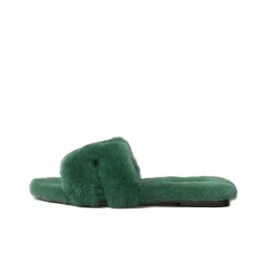 HERMES Hermes Oran sheepskin fur H-shaped hollow flip flops women's green
