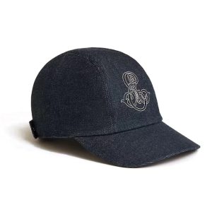 HERMES Hermes Letter Embroidery Cotton Palladium Plated Silk Denim Cap Women's Blue