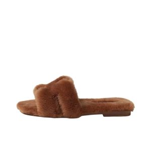 HERMES Hermes Oran Sheepskin Round Toe Slip-On Slippers Women's Brown