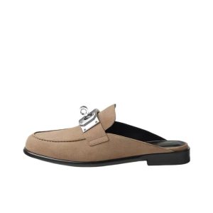 HERMES Iota goatskin round toe slip-on slippers for women brown