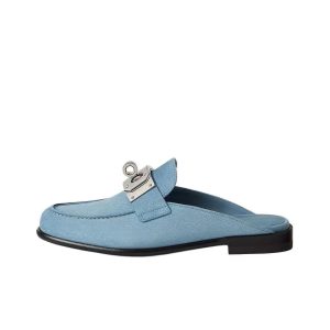 HERMES Iota Suede Fashion Comfortable Slip-On Closed Toe Slippers Women's Sky Blue