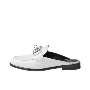 HERMES Lota calfskin round toe slip-on slippers for women white