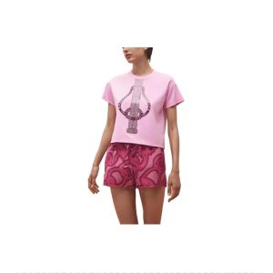 HERMES/Hermes SS23 wheat ear saddle buckle guitar print round neck short sleeve T-shirt for women two-tone