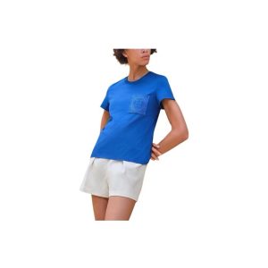 HERMES Hermes SS24 Logo Letter Embroidery Round Neck Patch Pocket Pullover Short Sleeve T-shirt Women's Dark Blue