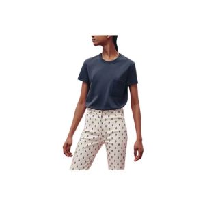HERMES SS23 SS23 Embroidered Pocket Round Neck Short Sleeve T-Shirt Women's Navy Blue