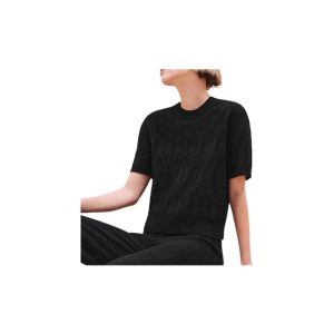 HERMES FW24 solid color ribbed casual short-sleeved sweater for women black
