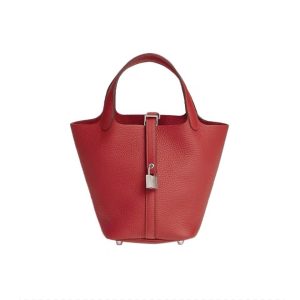 HERMES Picotin 18 Silver Buckle Clemence Bull Leather Basket Handbag Regular Women's 5E Vermillon Vermillion Red