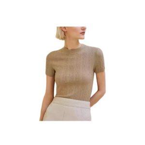 HERMES FW24 Solid Color Round Neck Slim Short Sleeve Knit Sweater Women's Beige