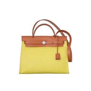 HERMES Herbag Zip series 31 silver buckle leather and canvas handle canvas bag handbag shoulder messenger bag women's yellow