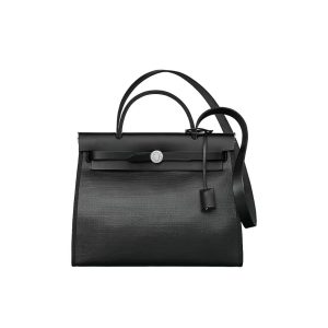 HERMES Herbag Zip 31 Silver Buckle H Berline Waterproof Canvas and Hunter Leather Canvas Handbag Single Shoulder Messenger Bag Regular Unisex Couple's Style Black/Light Beige