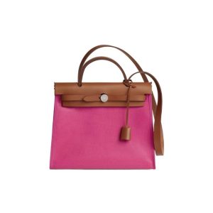 HERMES Herbag Zip 31 H Berline Silver Buckle Waterproof Canvas and Hunter Leather Handbag Shoulder Bag Women's Rose Extreme Pink/Gold Golden Brown