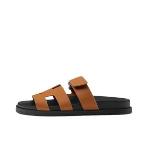 HERMES Chypre Chypre Leather Flat Velcro Round Toe Fashion Sandals Women's Brown