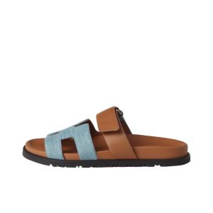 HERMES Chypre Velcro Round Toe Slippers for Women Blue Brown