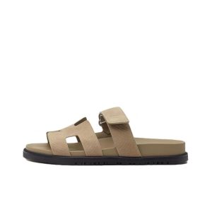 HERMES Hermes Chypre Embossed Goatskin Simple Casual Slippers Women's Sand Beige