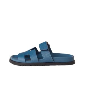 HERMES Chypre Calfskin Velcro Flat-soled Fashion Sandals for Women Blue