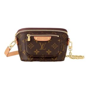 LOUIS VUITTON Bumbag Full Printed Monogram Removable Adjustable Shoulder Strap Chain Coated Canvas and Cow Leather Trim Chest Bag Shoulder Crossbody Waist Bag Mini Women's Brown
