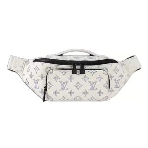 LOUIS VUITTON RUSH printed logo zipper closure Monogram Shadow cowhide leather crossbody waist bag unisex couple's style white and blue